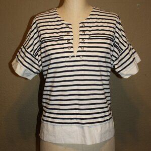 J.CREW BLACK & WHITE STRIPED T-SHIRT HENLEY NECKLINE - MEDIUM 4 6